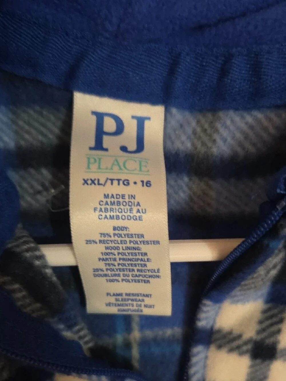PJ Place Blue and White Plaid Zip Hoodie Onesie Fleece Childrens Place XXL/16
